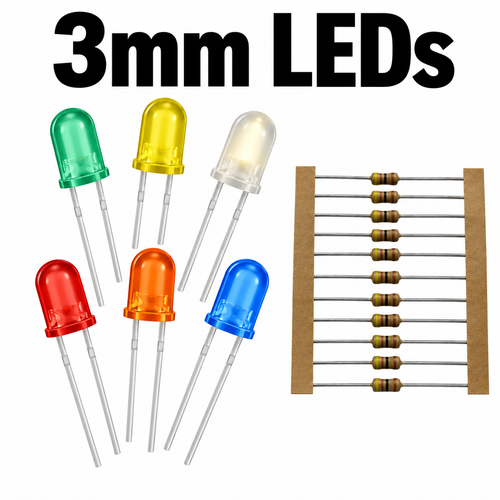 3mm LEDs in green, yellow, warm white, red, orange and blue with one set of resistors