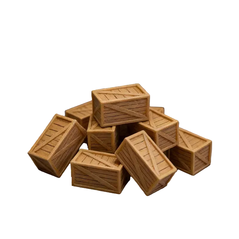 A pile of miniature wooden crates arranged on a gray diamond-plate floor in front of warehouse shelves filled with boxes.