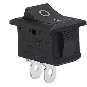 A black rocker-style electrical switch with two silver metal terminals, shown on a white background with three circular close-up insets highlighting the switch mark, the side profile, and the terminal connections.