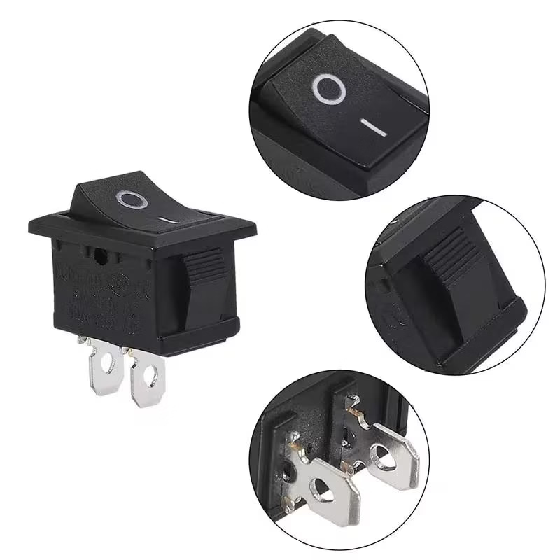 A black rocker-style electrical switch with two silver metal terminals, shown on a white background with three circular close-up insets highlighting the switch mark, the side profile, and the terminal connections.