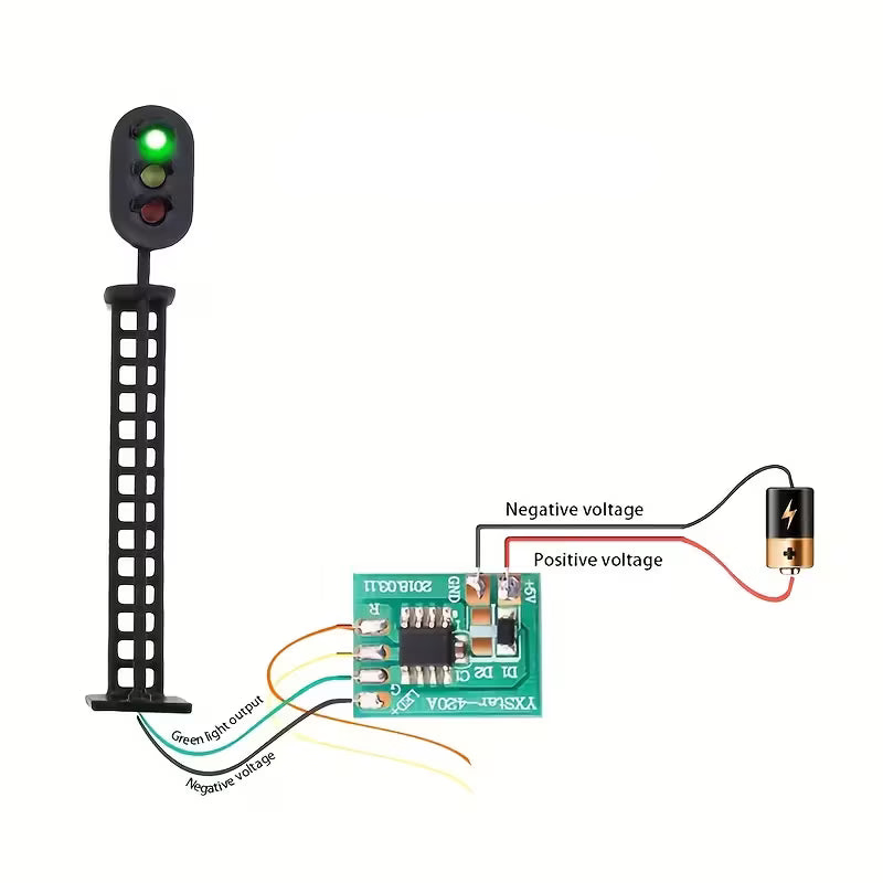 A product diagram showing a black traffic light pole with illuminated green and red lights, connected to a small green electronic circuit board labeled Y059-14VDC1, with wires labeled for green light control, negative voltage, and positive voltage. A battery is shown on the right, under the heading 'Description' on a white background.