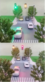 A small green electronic circuit board with several wires is held between fingers on the left, while the right side shows four example traffic-light intersection simulations demonstrating different light sequences.