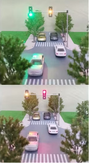 A small green electronic circuit board with several wires is held between fingers on the left, while the right side shows four example traffic-light intersection simulations demonstrating different light sequences.