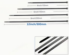 Four black plastic zip tie fasteners shown in different lengths with measurement labels: 4 inch/100mm, 6 inch/150mm, 8 inch/200mm, and 12 inch/300mm. Large blue text at the top reads '4 Versatile Sizes to Fulfill All Your Needs 