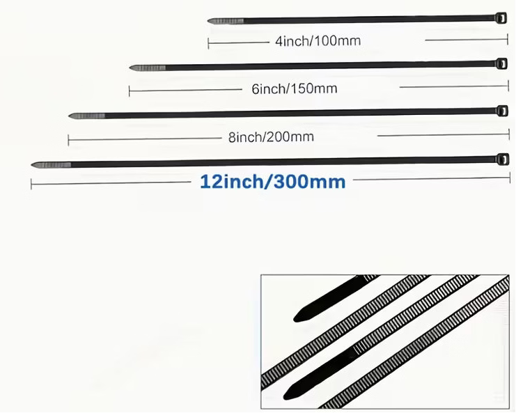 Four black plastic zip tie fasteners shown in different lengths with measurement labels: 4 inch/100mm, 6 inch/150mm, 8 inch/200mm, and 12 inch/300mm. Large blue text at the top reads '4 Versatile Sizes to Fulfill All Your Needs 
