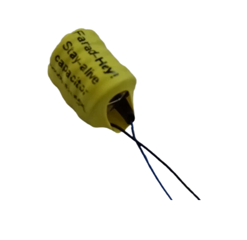 Farad-Hey capacitor close-up angled view