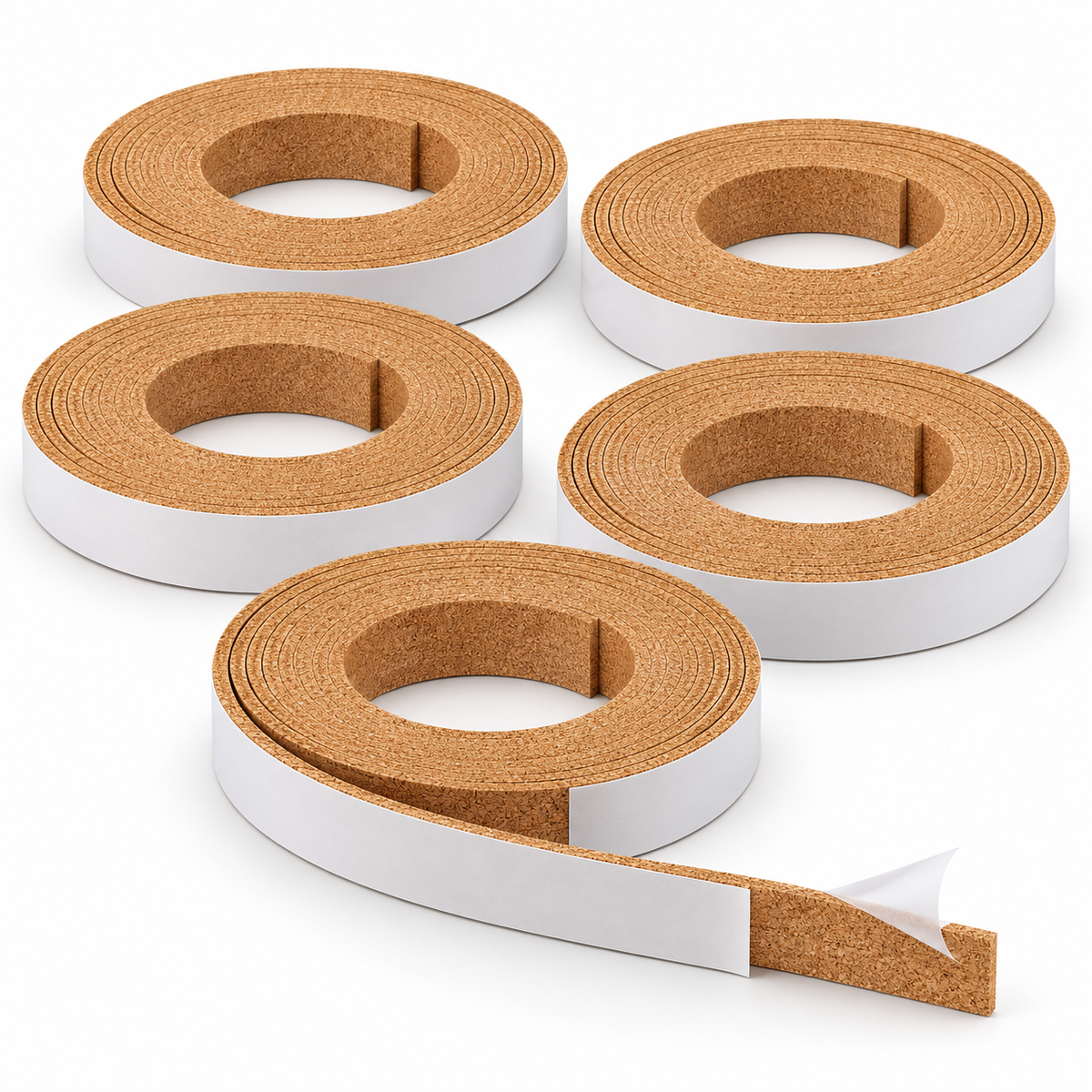 N gauge self-adhesive cork underlay — five 2m rolls, 25mm wide × 2mm thick