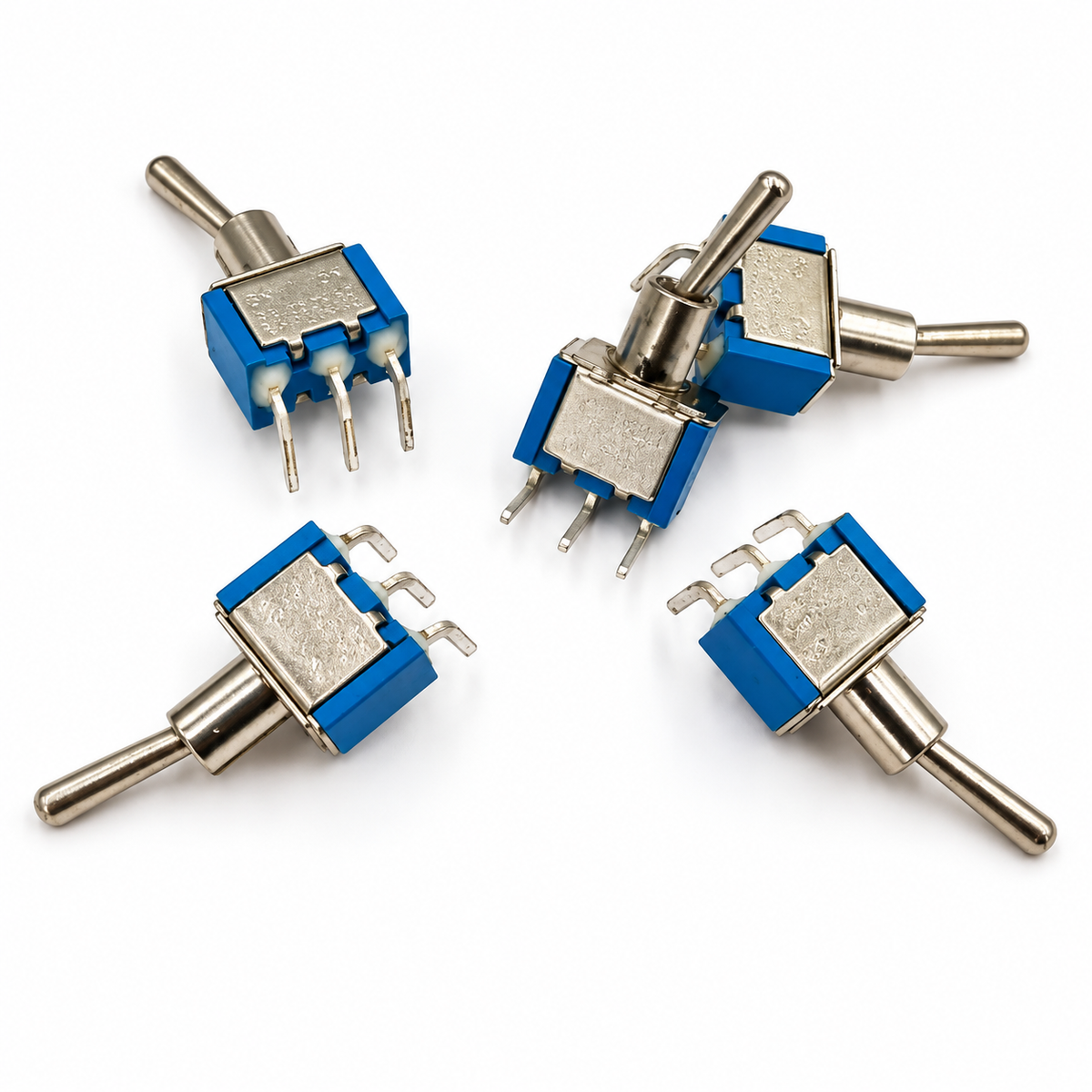 Five blue right-angle PCB-mount SPDT toggle switches on a white background