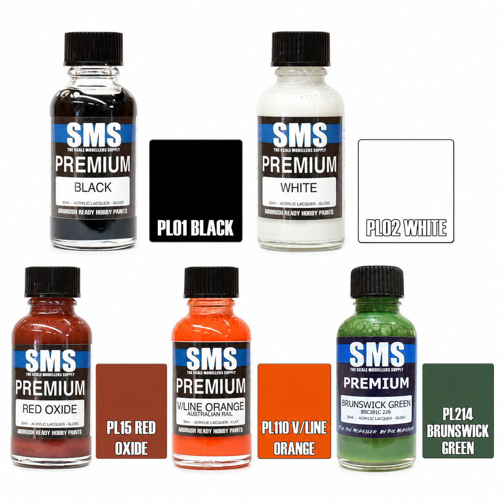 SMS Premium Acrylic Lacquer Model Paint 30ml – Black, White, Red Oxide, V/Line Orange and Brunswick Green