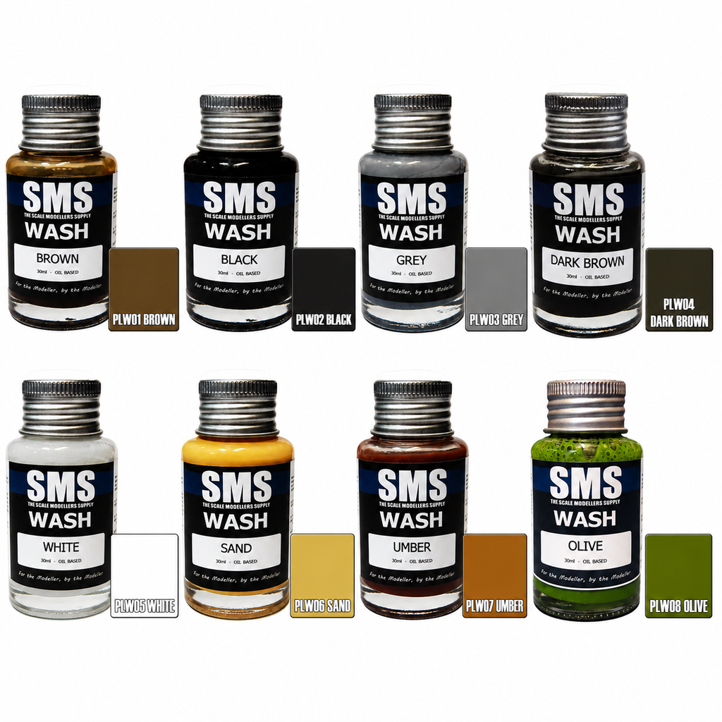 SMS Weathering Wash 30ml – all eight colours: Brown, Black, Grey, Dark Brown, White, Sand, Umber and Olive